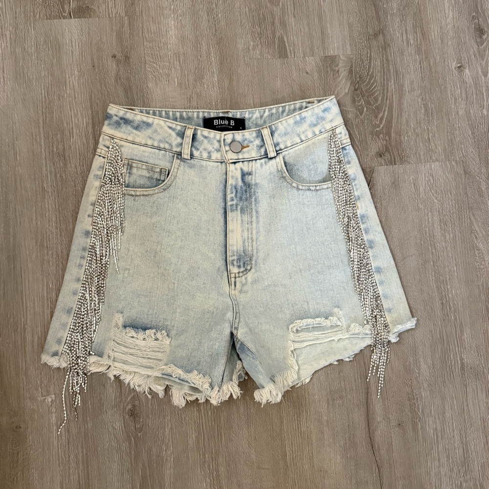 Blub B Light Blue Fringe Denim Shorts